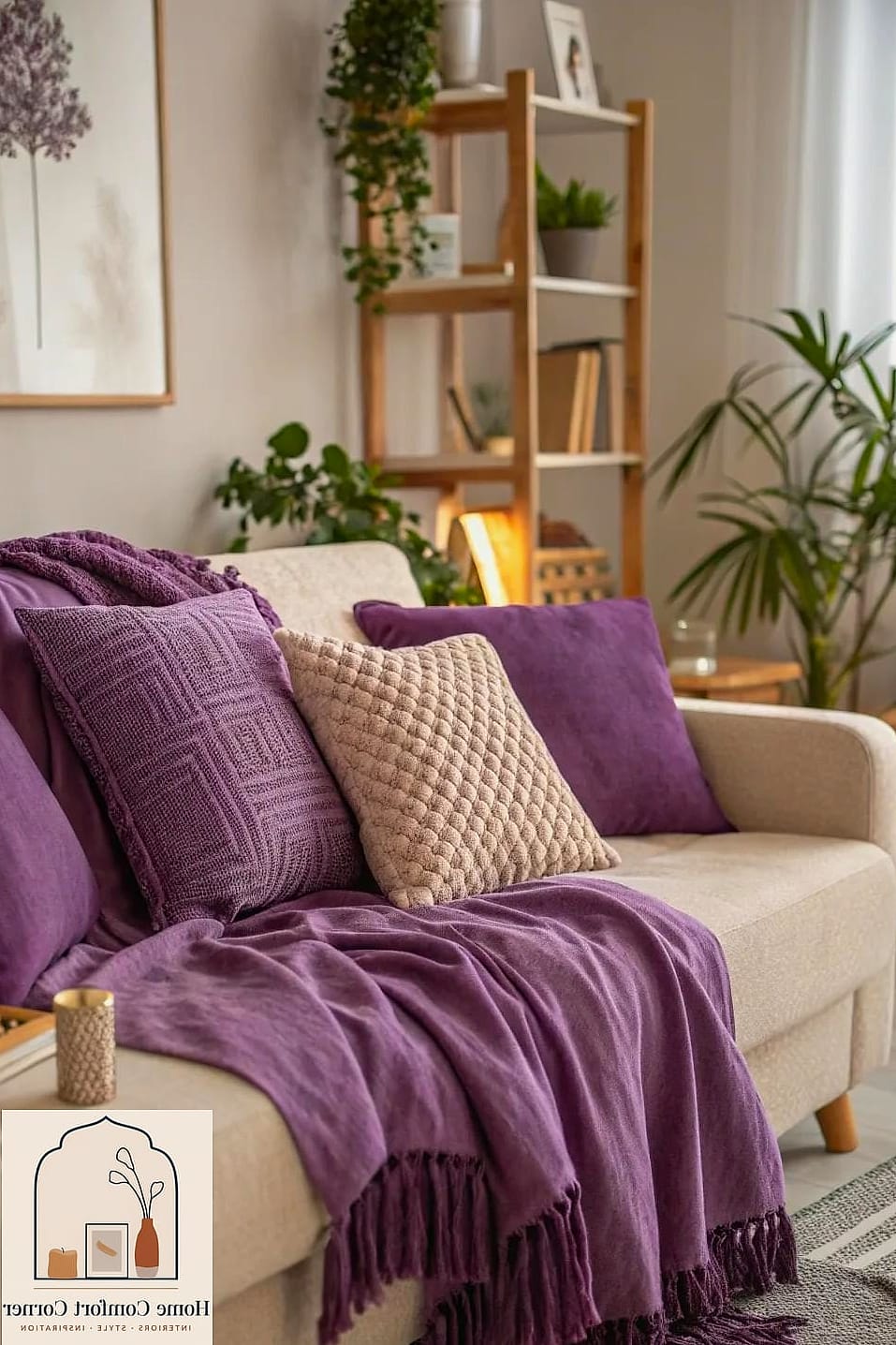 Purple Throw Pillows on a Neutral Sofa