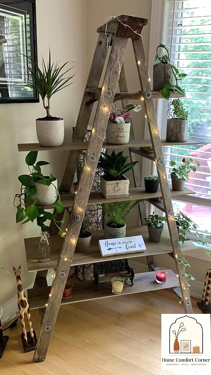 Repurposed Ladder Shelf for Blankets and Books