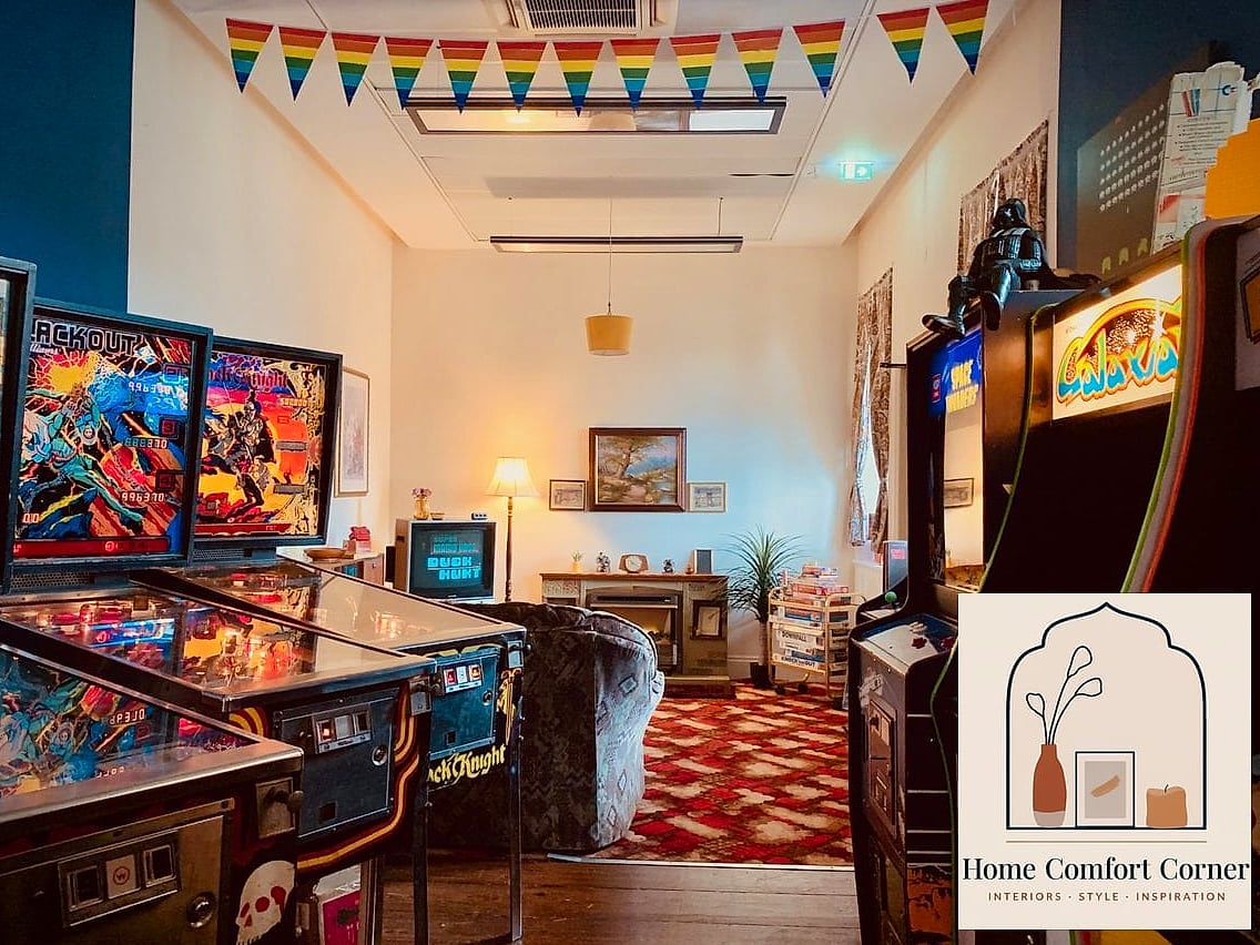 Retro-Inspired Rec Room with Checkerboard Flooring