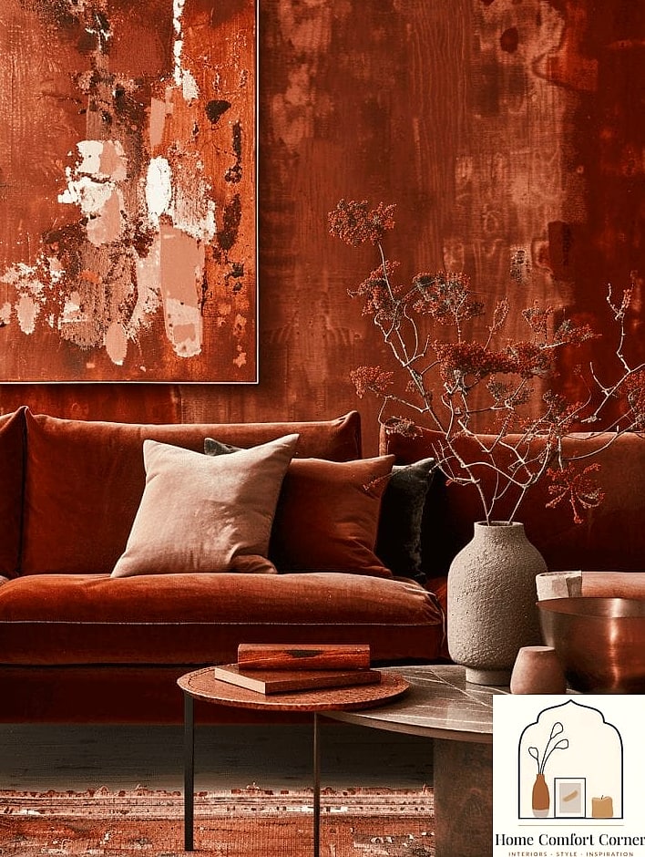 25 Red Room Decor Designs You Need to See Right Now 5 Rust-Toned Velvet Sofa