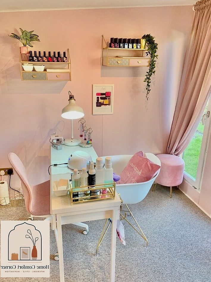 15 Nail Room Decor Ideas Ideas That Are Both Stylish and Practical 9 A Small Bar Cart Repurposed as a Product Station