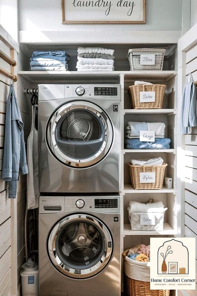 20 Laundry Room Ideas Top Loader Layout Designs That Maximize Style and Function 14 Stacked Basket Storage System