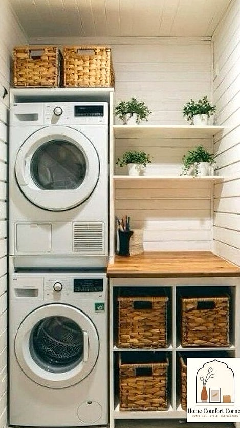 18 Diy Laundry Room Ideas Designs That Maximize Style and Function 13 Stacked Storage With a Ladder Shelf