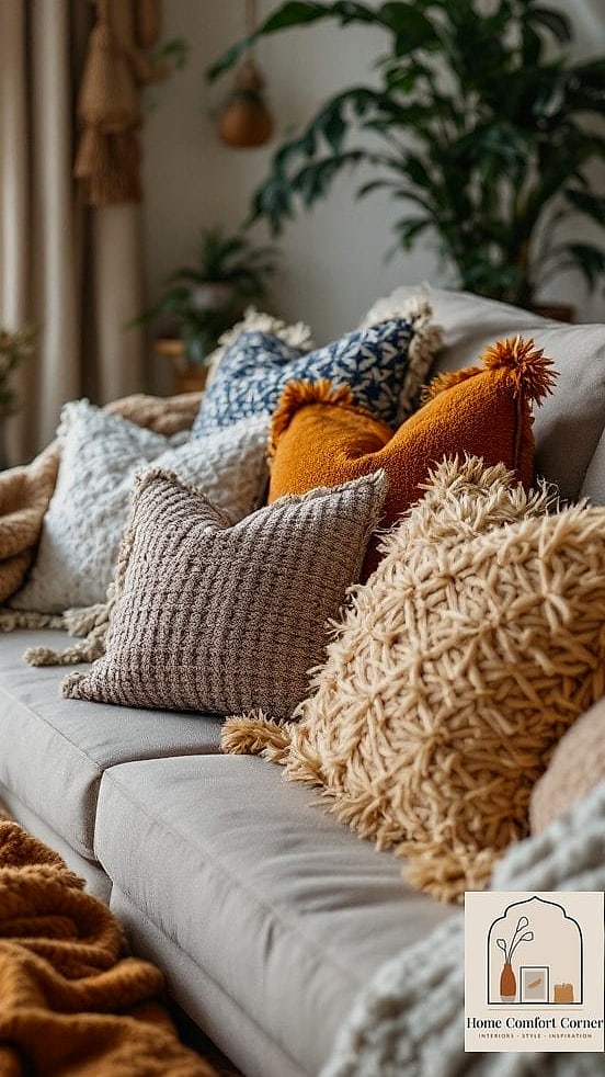 Textured Throw Pillows and Blankets in Varied Fabrics