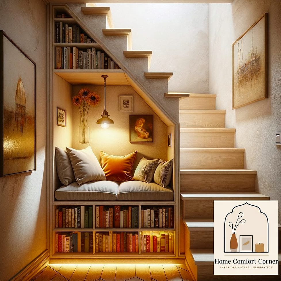 A Tiny Reading Corner With a Ladder Shelf