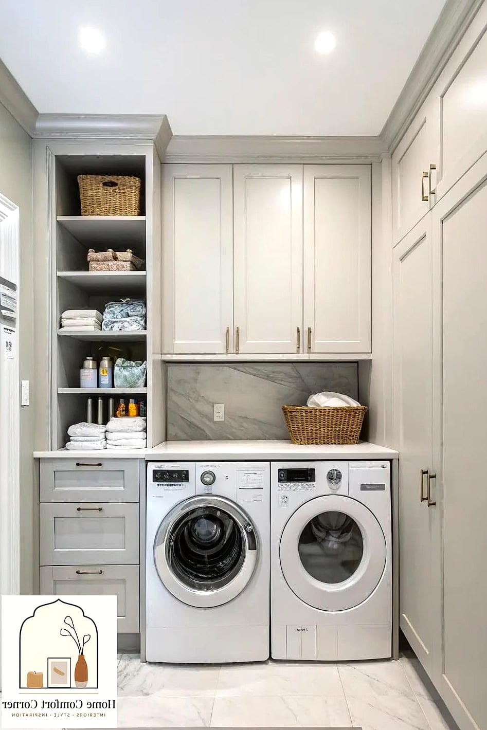 20 Laundry Room Ideas Top Loader Layout Designs That Maximize Style and Function 16 Two-Tone Cabinetry with Bold Color
