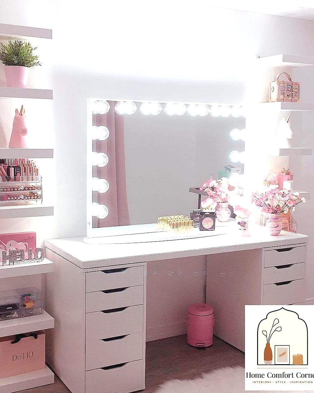 A Vanity Area With a Ring Light Mirror