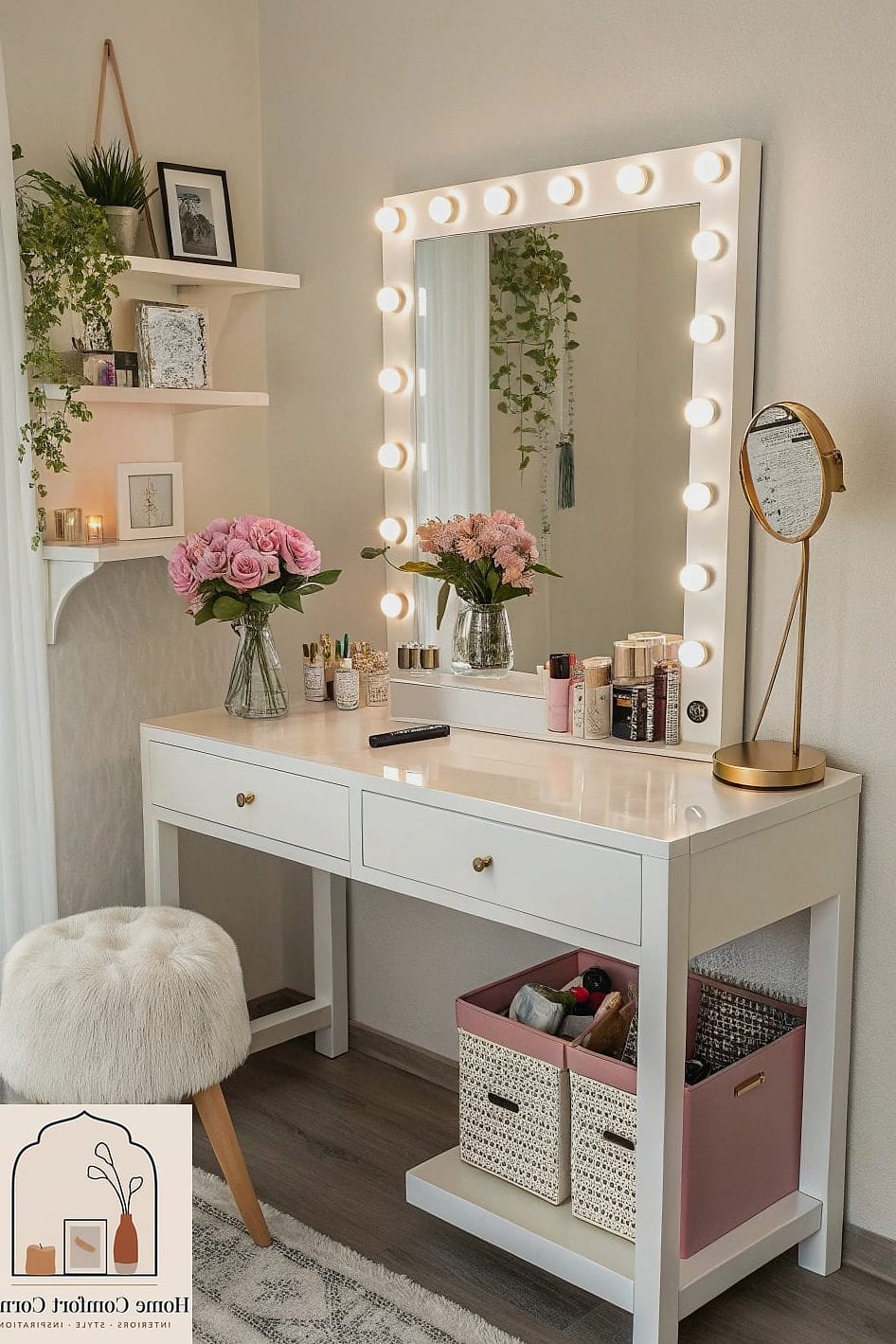 Vanity with Round Mirror and String Lights
