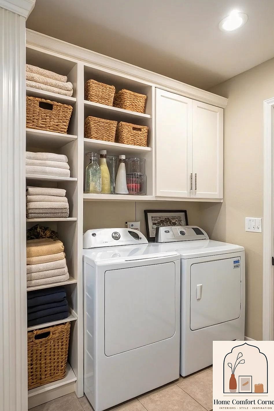 20 Laundry Room Ideas Top Loader Layout Designs That Maximize Style and Function 9 Vertical Storage Tower Beside the Machine