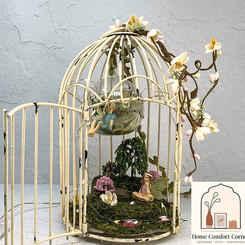 Vintage Birdcages Repurposed as Hanging Plant and Light Fixtures