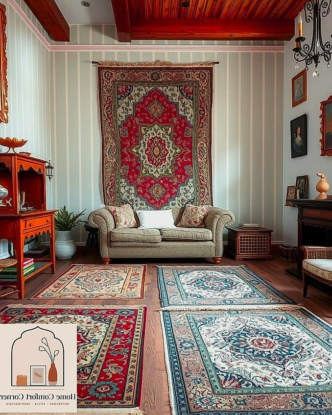 Vintage Rugs Layered Over Wall-to-Wall Carpet