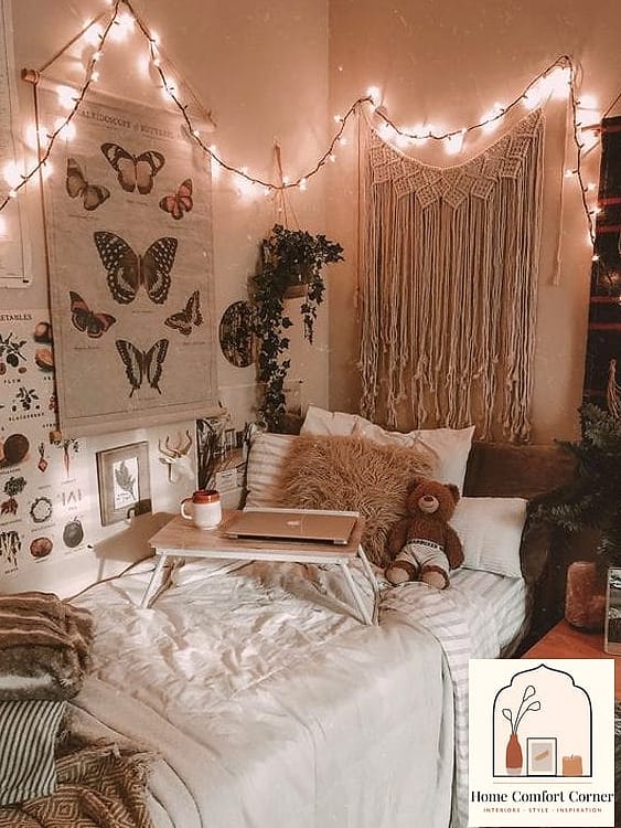 15 Student Room Decor Ideas Inspiration Boards You'll Want to Copy 2 Warm String Lights Layered Behind a Headboard