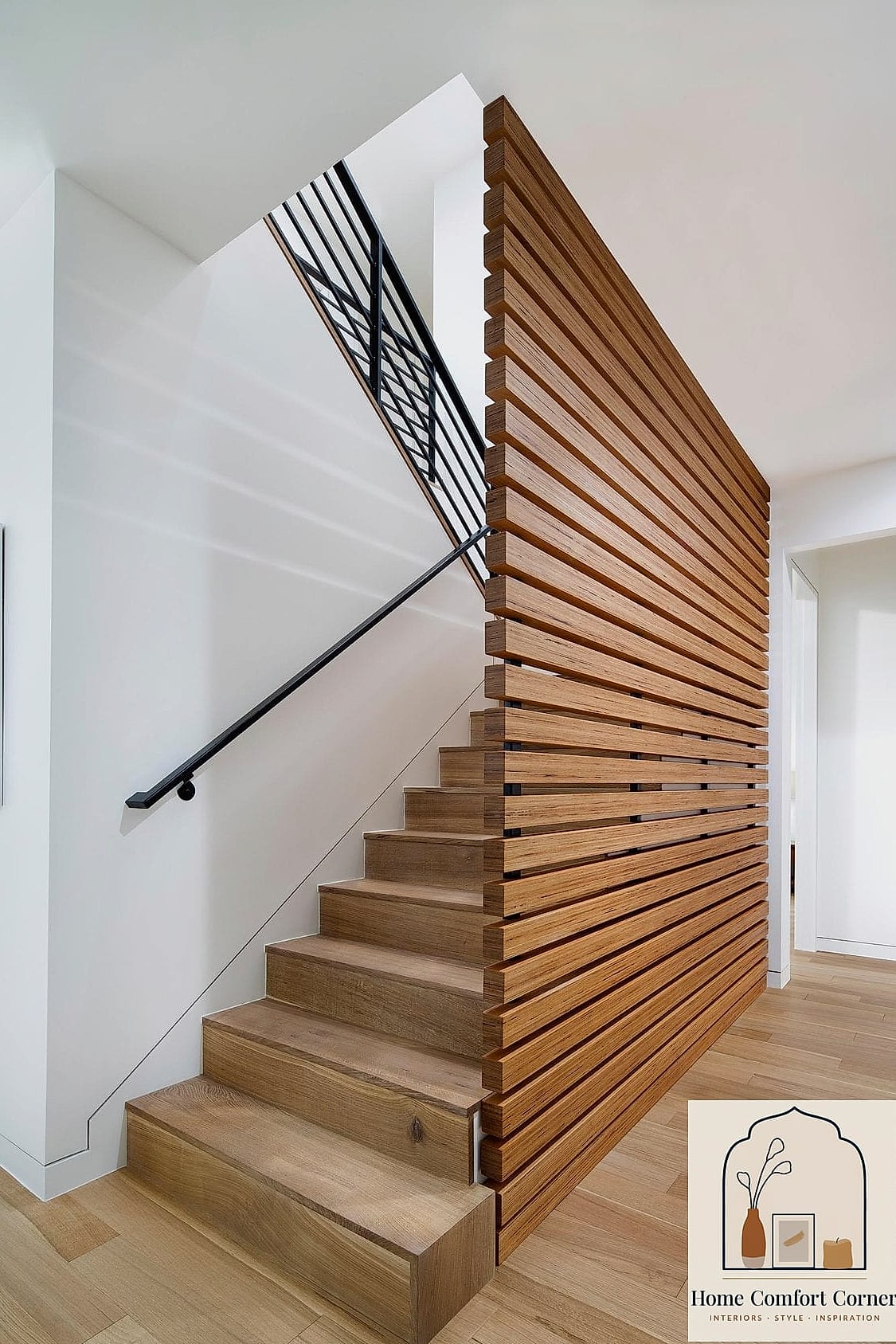 Wood Slat Wall Behind the Staircase